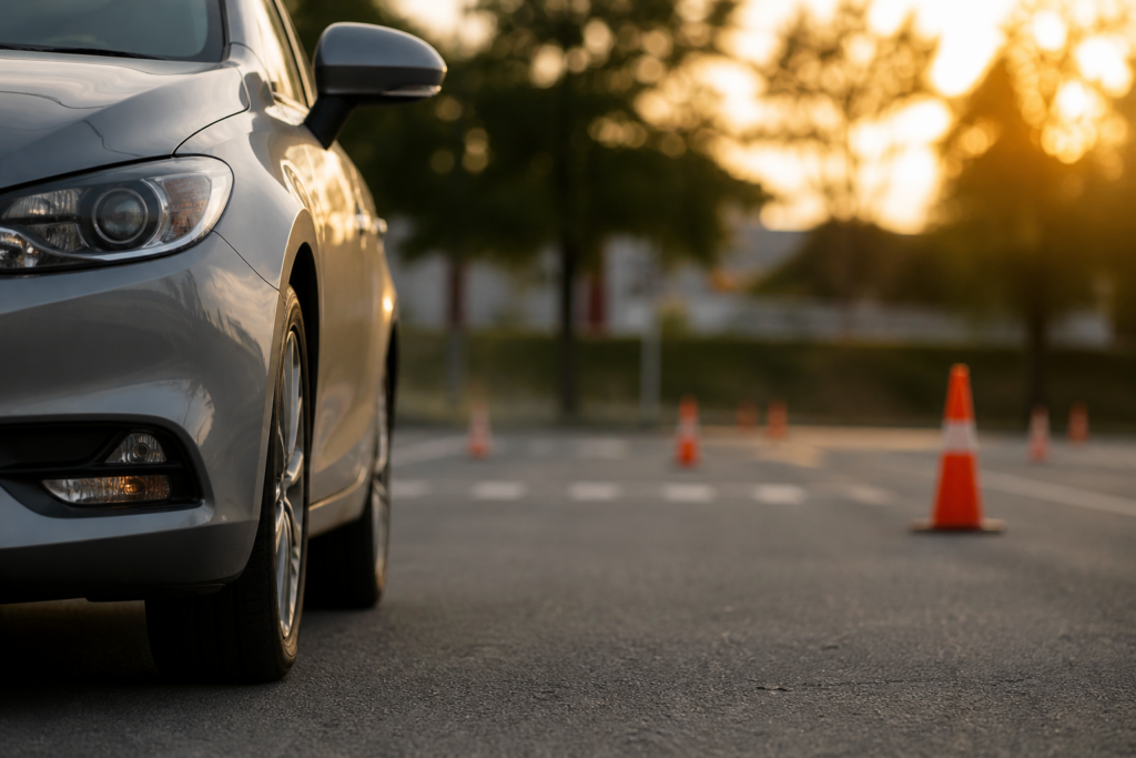 class five driving practice in parking lot at sunset time